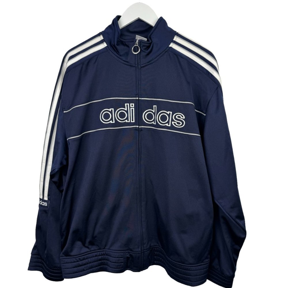 Vintage Adidas Jacket Mens Medium Navy Blue White Track Jacket Full Zip Front